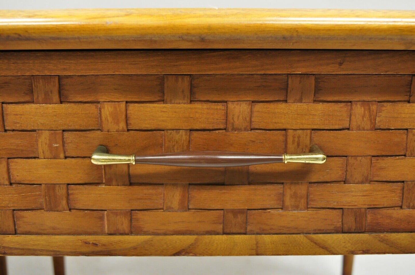 Pair of Mid Century Modern Lane Style Walnut & Travertine One Drawer End Tables