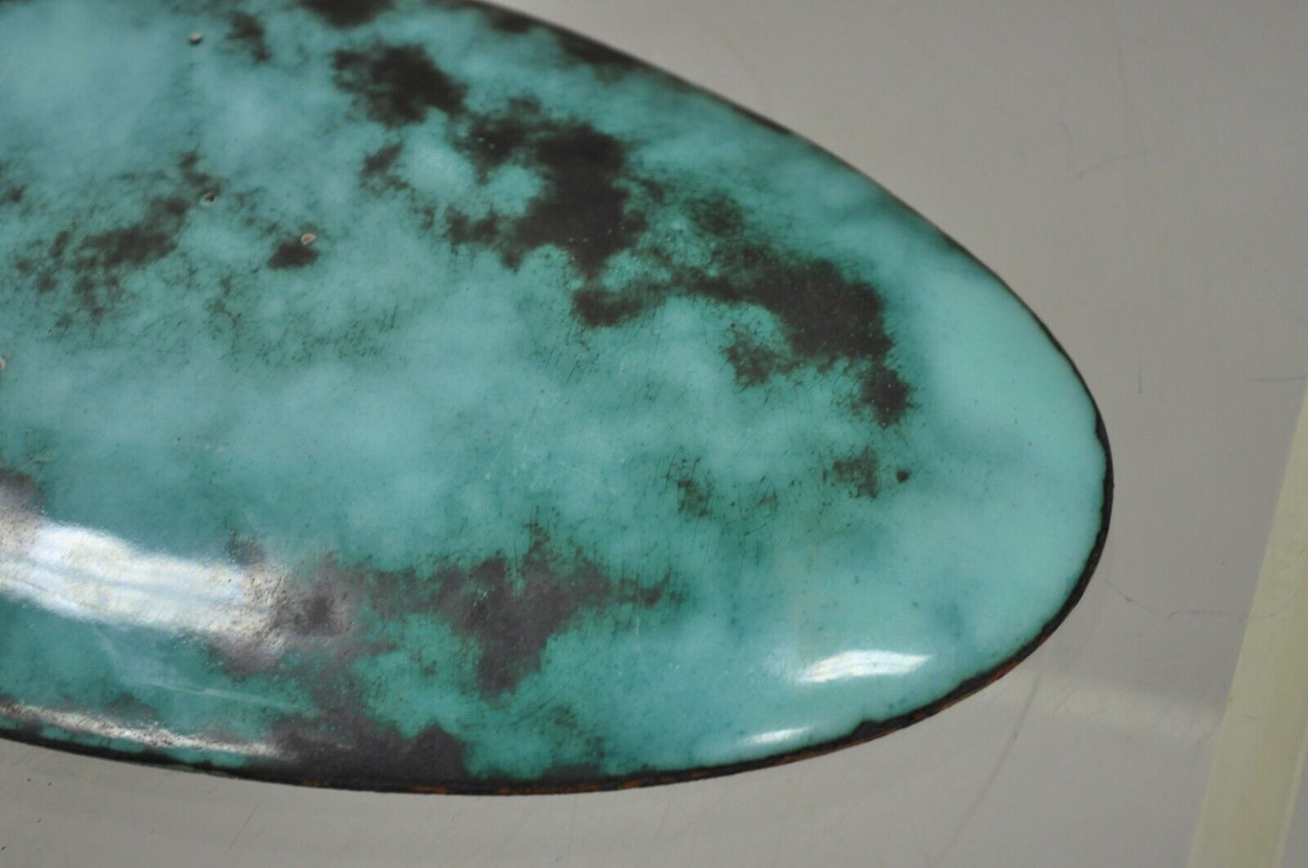 Vintage Mid Century Modern Blue Porcelain Enamel Copper 10" Oval Trinket Dish