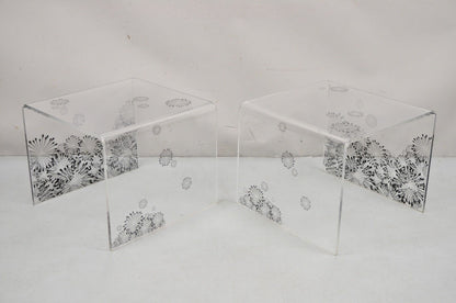 Mid Century Modern Lucite Acrylic Sunflower Fireworks Low Waterfall End Tables