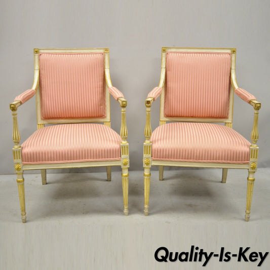 Pair Italian Neoclassical Parcel Gilt Cream Louis XVI Directoire Arm Chairs (A)