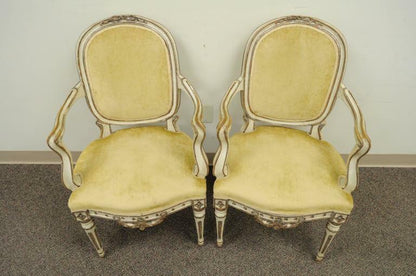 Pair of 19th C Hand-Carved Italian Venetian Distress Painted Fauteuil Arm Chairs