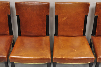 French Art Deco Style Brown Leather Ebonized Frame Dining Chairs - Set of 8