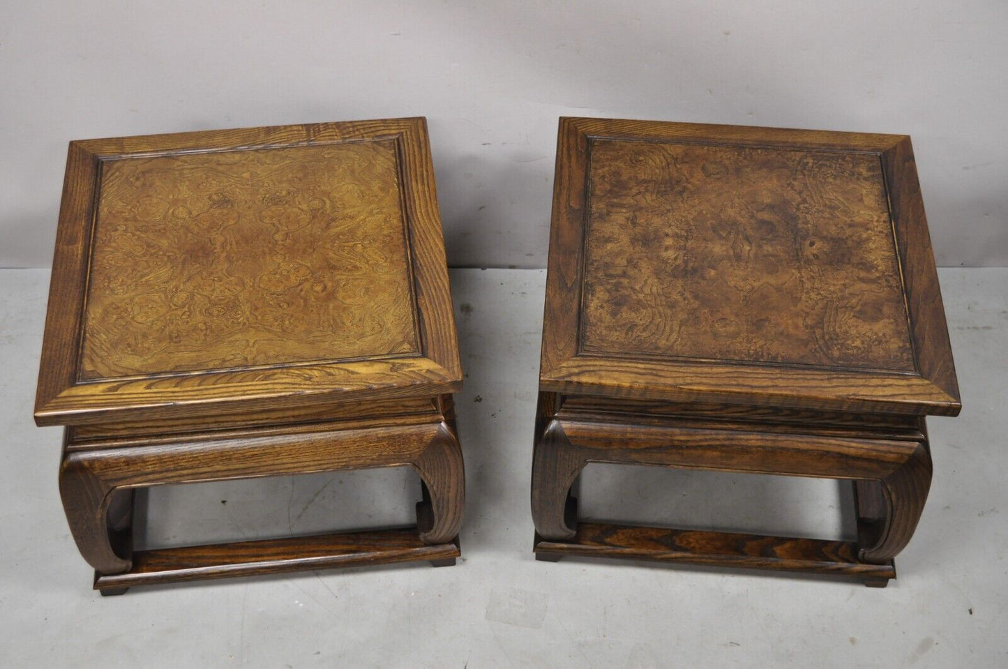 Pair Vintage Chinoiserie Style Burl Wood Ming Style Low Pedestal Side End Tables