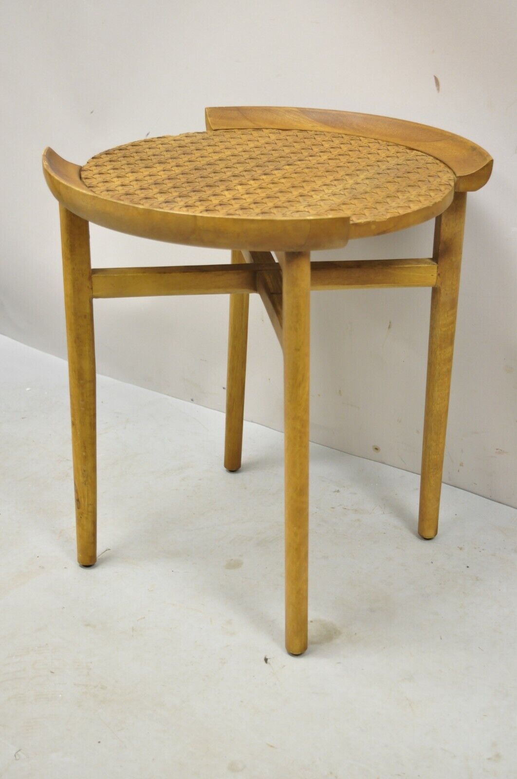 Mid Century Modern Cane Top Sculpted Wood Stretcher Snack Side Table