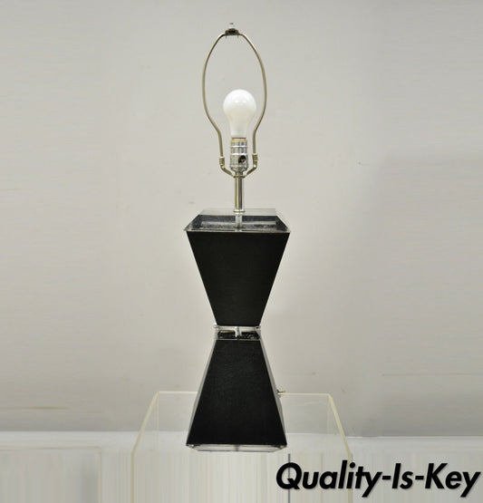 Vintage Karl Springer Style Lucite Hourglass Black Faux Sharkskin Table Lamp