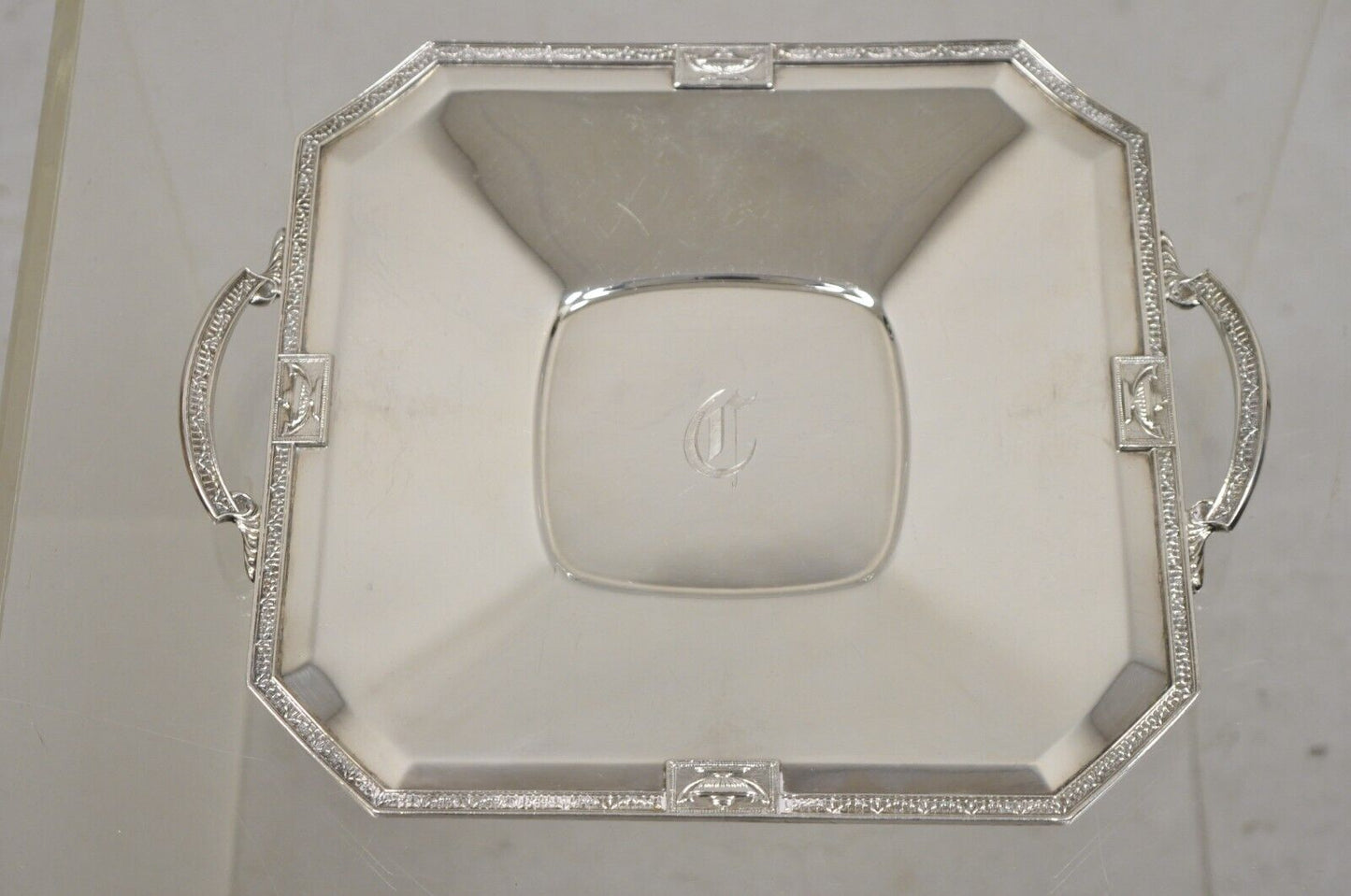 Antique LBS Co English Edwardian Silver Plated Square Platter Tray "C" Monogram