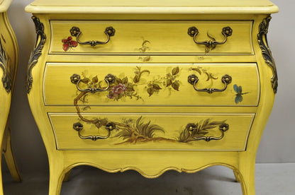 French Louis XV Style Yellow Butterfly Painted 3 Drawer Nightstands - a Pair