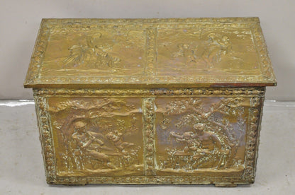 19th C. English Victorian Figural Repousse Brass Clad Coal Bin Storage Chest