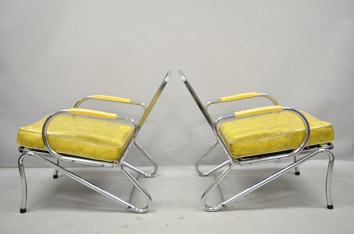Pair Art Deco Tubular Chrome Yellow Vinyl Club Lounge Arm Chairs Attr. Lloyd Mfg