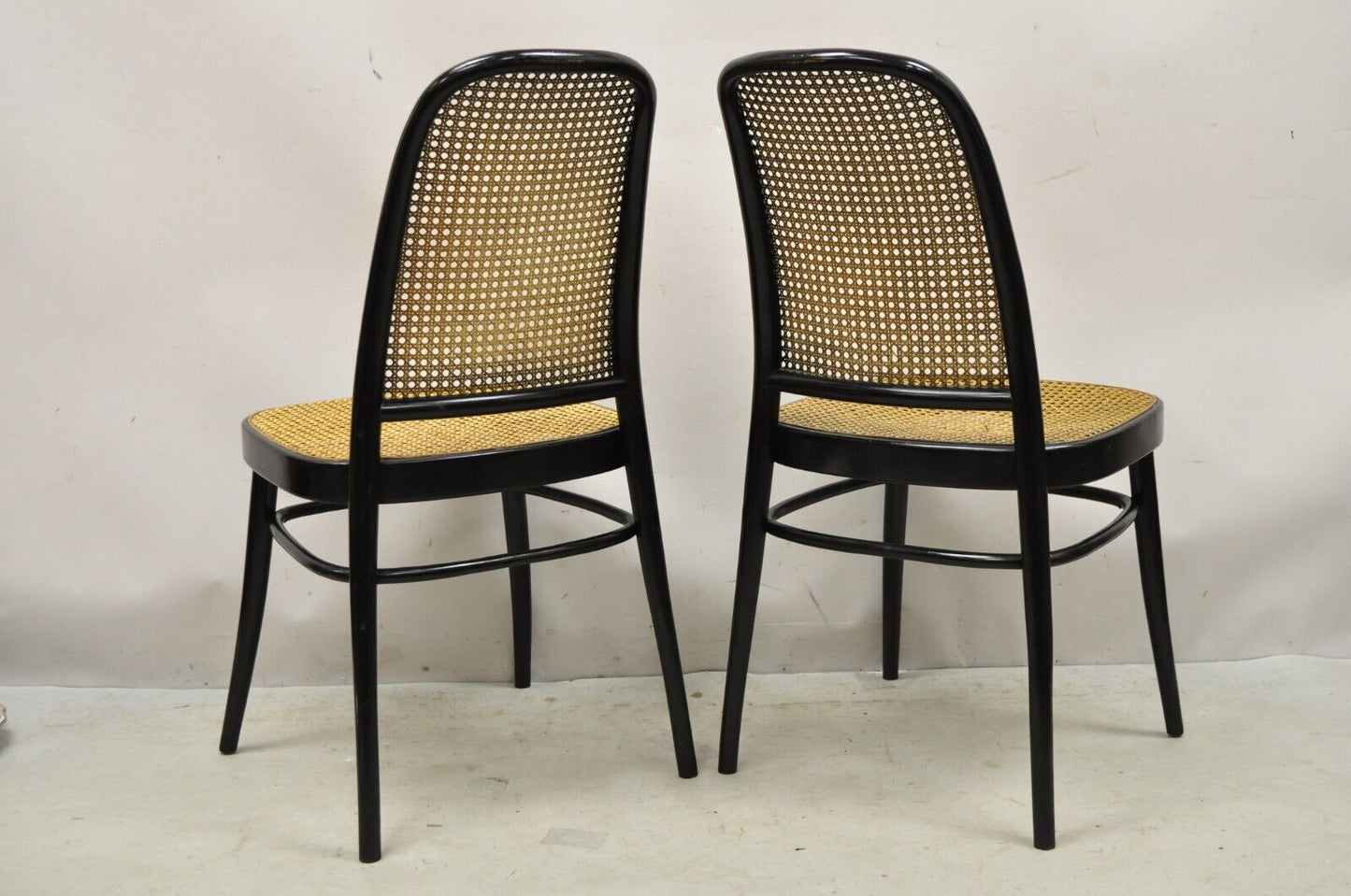 Vintage Ligna Bentwood Black Ebonized Cane Bistro Side Chairs - a Pair