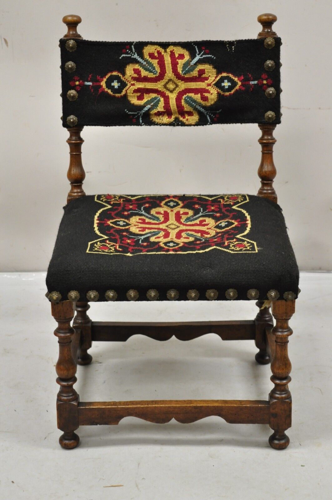 Antique Italian Renaissance Turn Carved Walnut Tapestry Small Childs Side Chair