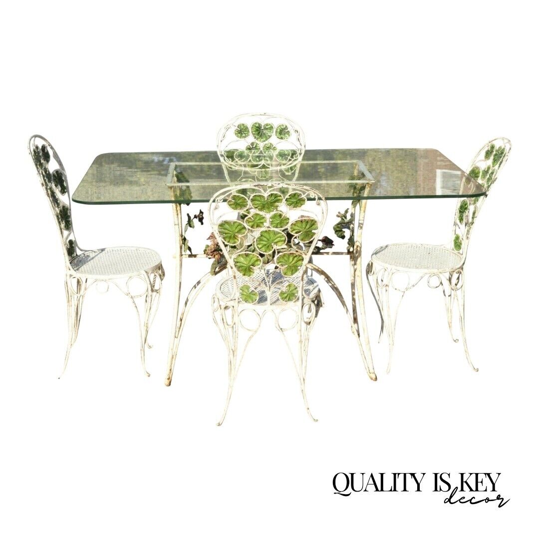 French Art Nouveau Green Flower Maple Leaf Garden Patio Dining Set - 5 Piece Set