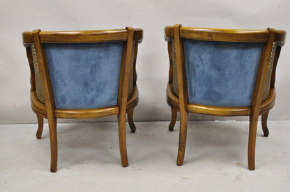 Vintage Hollywood Regency Cane Barrel Back Blue Club Lounge Chairs - a Pair