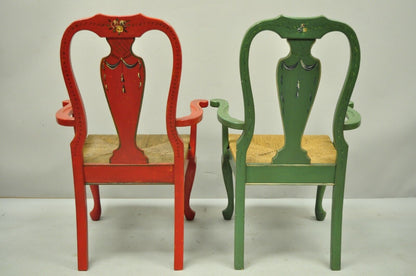 Pair of Vintage Queen Anne Style Green and Red Rush Seat Arm Chairs