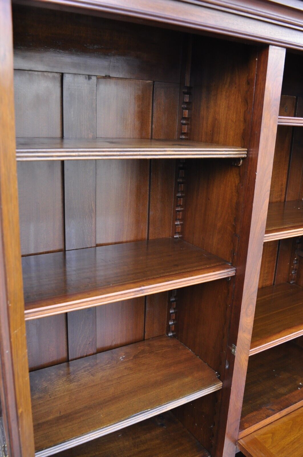 Antique Eastlake Victorian Walnut Wavy Glass Triple Bookcase Display Cabinet