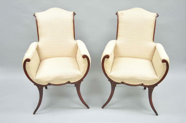 Pair Hollywood Regency French Victorian Mahogany Saber Leg Fireside Arm Chairs