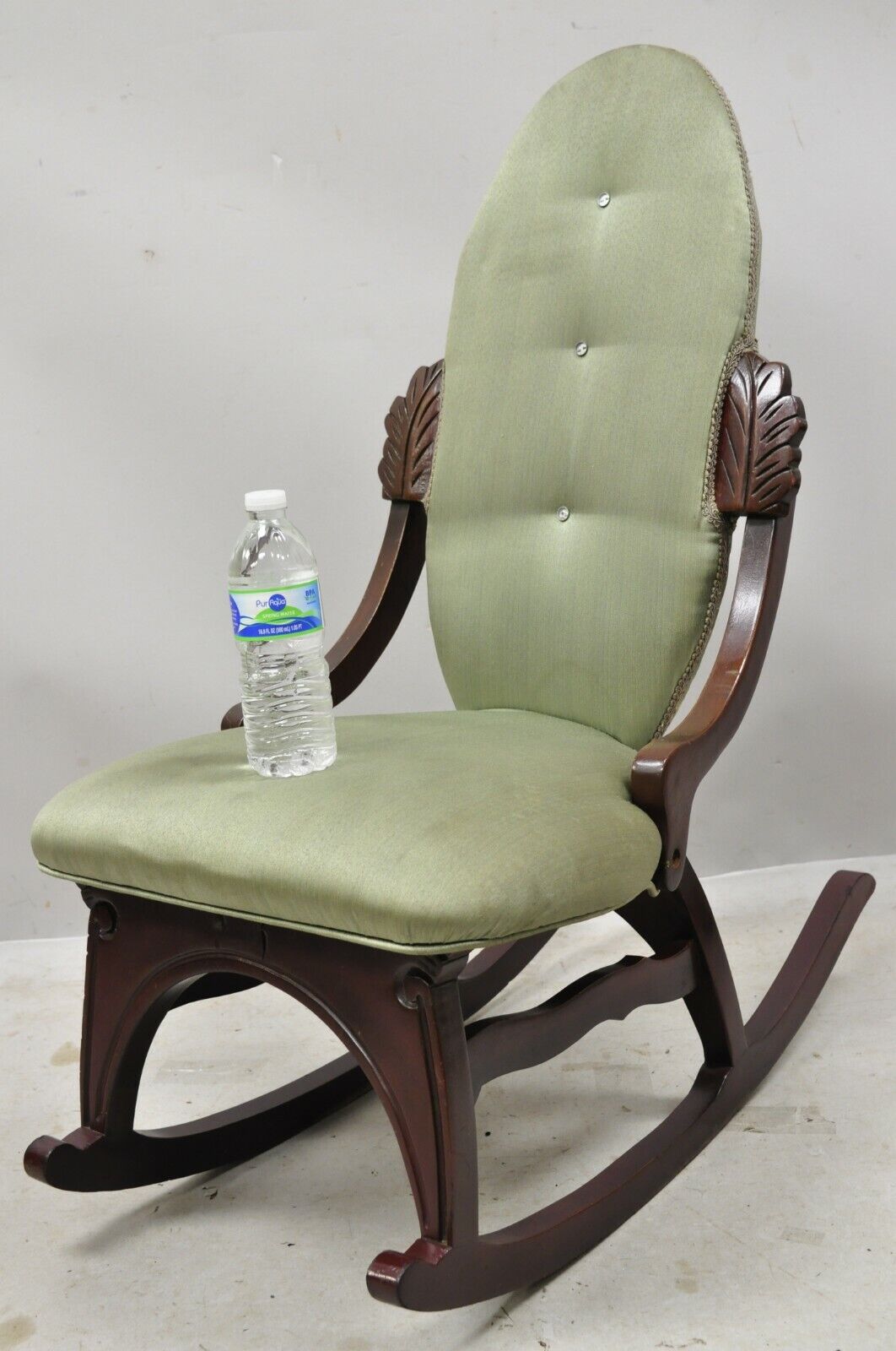 Vintage Victorian Small Mahogany Green Rocking Chair Rocker