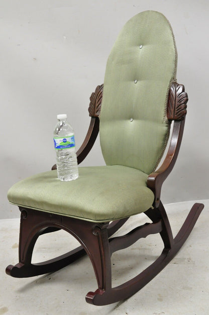 Vintage Victorian Small Mahogany Green Rocking Chair Rocker