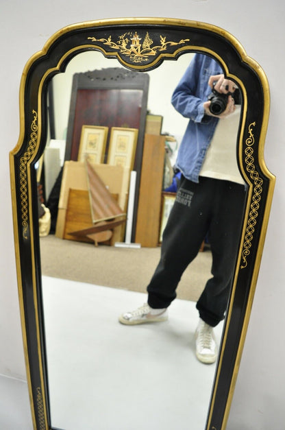 Vintage Chinoiserie Drexel Et Cetera Style Black Gold Arch Wall Mirror