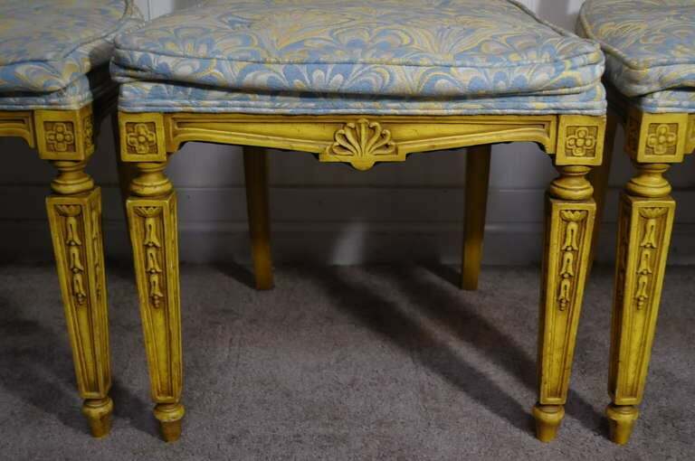 6 Yellow Painted French Regency Louis XVI Style Carved Dining Room Chairs