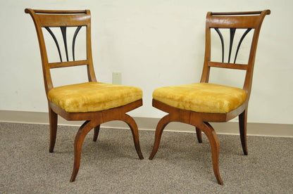 Pair of 19th C Biedermeier Ebonized & Burl Walnut Curule Base Side Accent Chairs