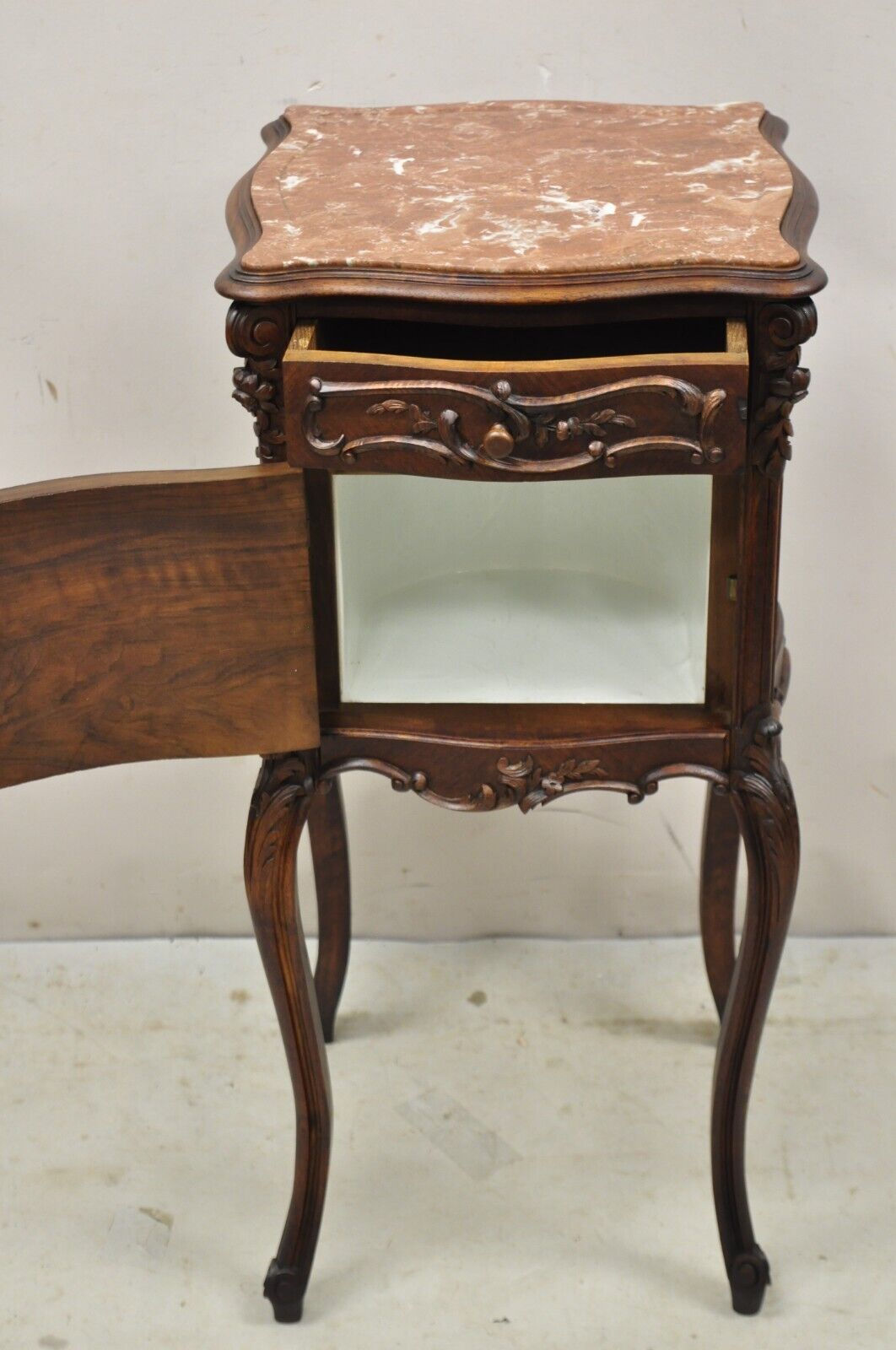 French Louis XV Style Carved Walnut Marble Top Porcelain Lined Nightstand
