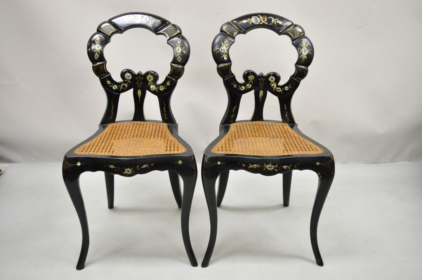 Antique English Regency Mother of Pearl Inlay Black Ebonized Side Chair - a Pair