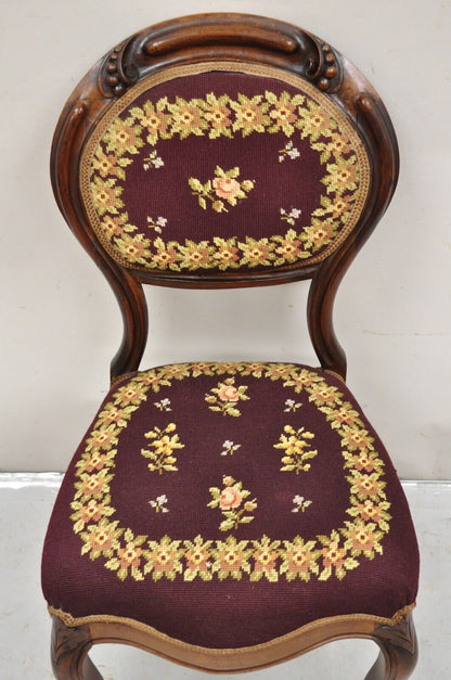 Victorian Burgundy Floral Needlepoint Carved Mahogany Balloon Back Side Chair