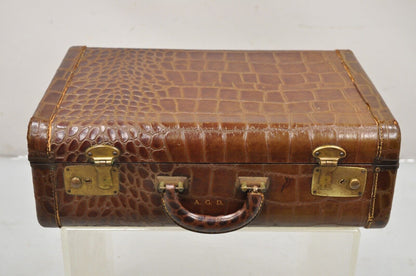 Vintage Art Deco Brown Leather Crocodile Embossed 18" Hard Suitcase Luggage