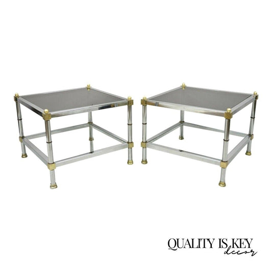 Chrome Brass Maison Jansen Style Hollywood Regency Square End Tables - a Pair