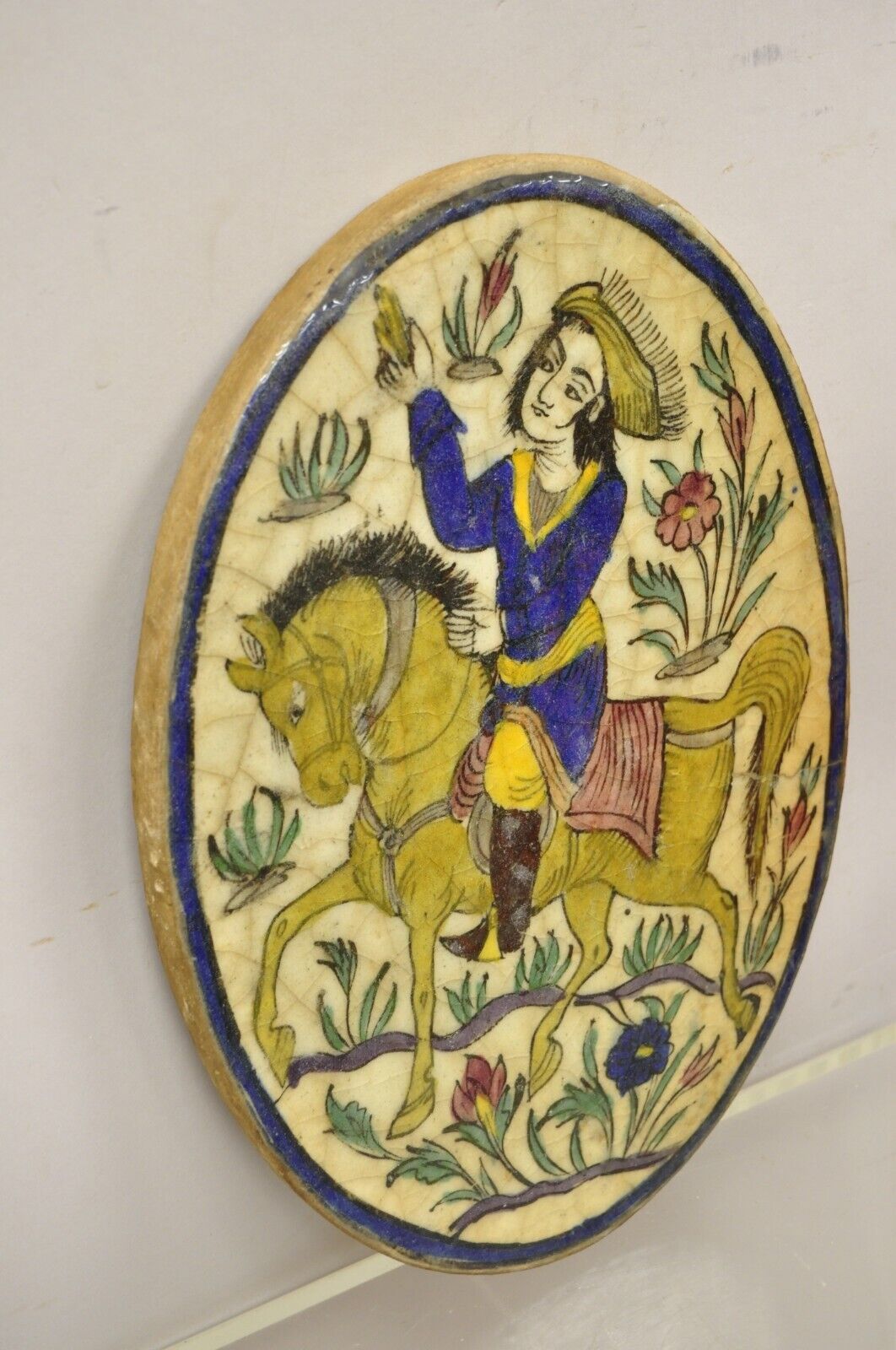 Antique Persian Iznik Qajar Style Ceramic Pottery Oval Tile Blue Horse Rider C3