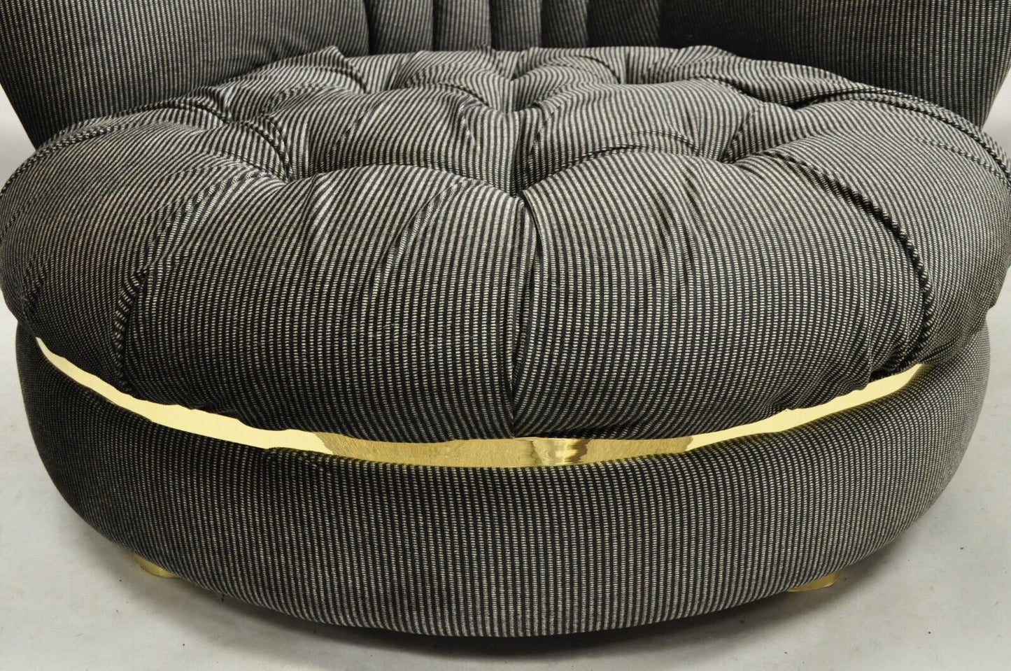 Large Milo Baughman Style Round Black Club Lounge Chair Brass Trim Feet - Single