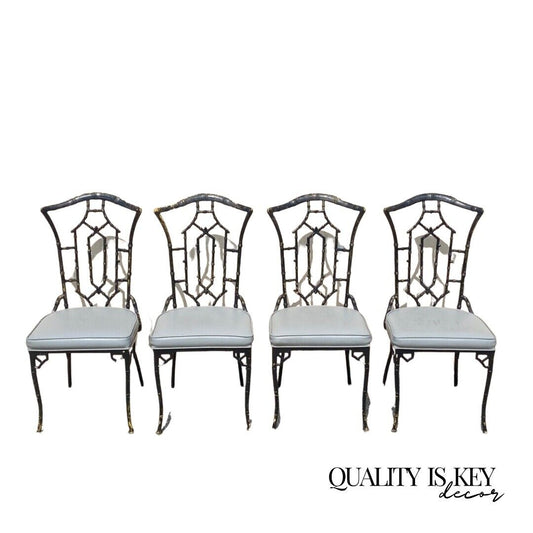 Vintage Cast Aluminum Faux Bamboo Black Painted Dining Chairs - Set of 4