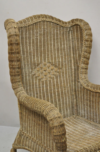 Large Woven Wicker Rattan Victorian Style Wingback Lounge Arm Chair