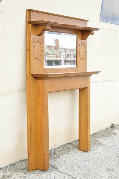 Antique American Victorian Golden Oak Wood Fireplace Mantel With Beveled Mirror