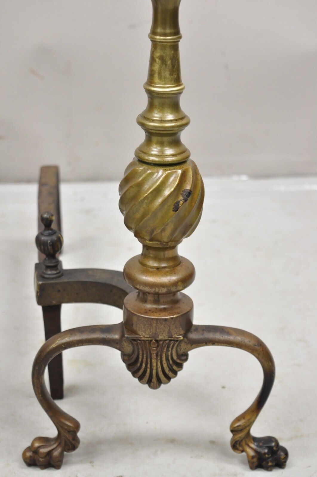 Antique French Empire Style Bronze Brass Spiral Column Andirons- a Pair