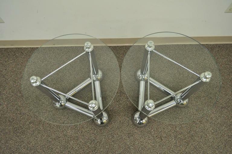 Pair Mid Century Modern Chrome Ball Orb Atomic Era Round Glass Side End Tables