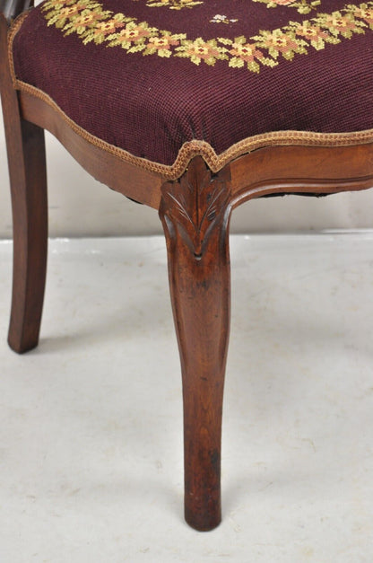 Victorian Burgundy Floral Needlepoint Carved Mahogany Balloon Back Side Chair