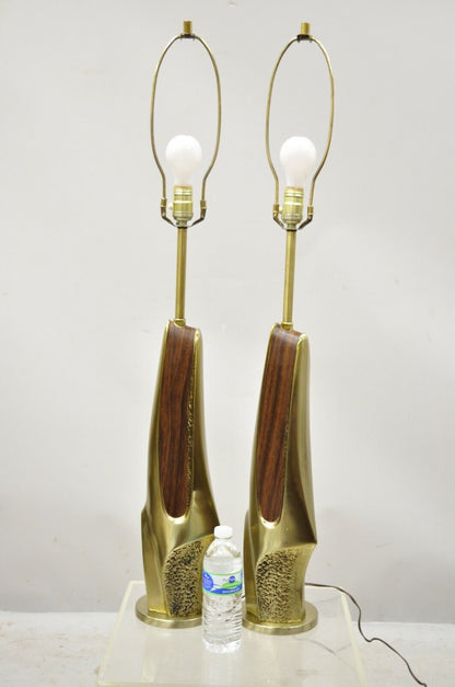 Laurel Mid Century Brutalist Modernist Brass Sculptural Table Lamps - a Pair