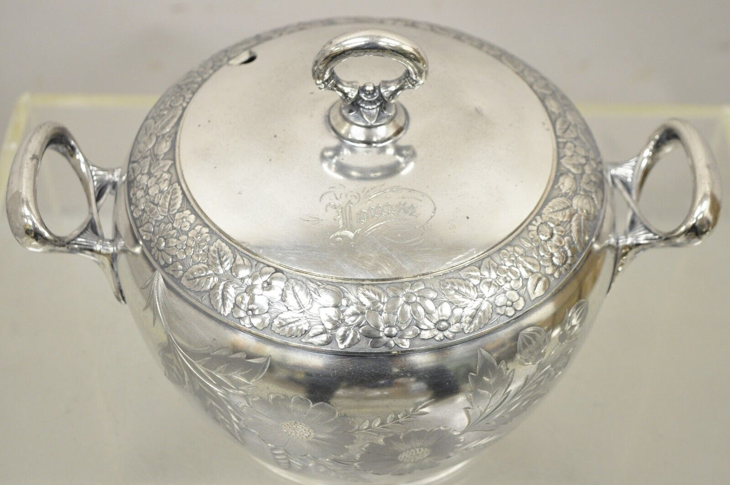 Antique Art Nouveau Silver Plated Lidded Soup Tureen engraved "Louise"