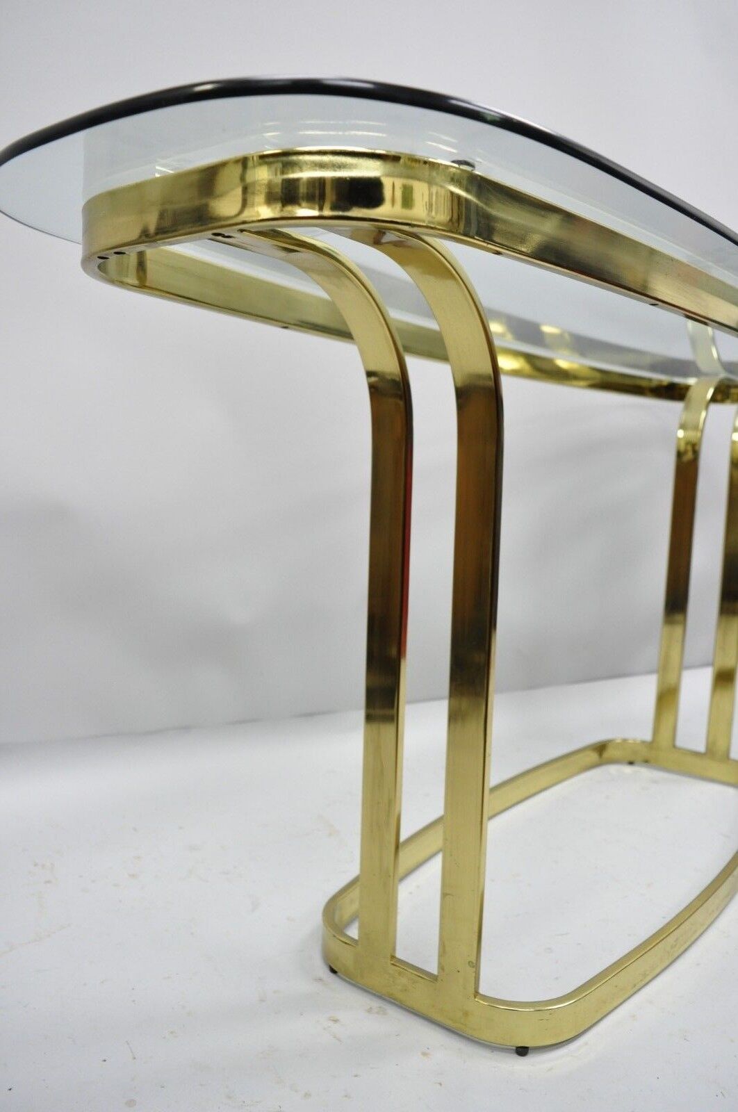 Vintage Hollywood Regency Brass and Glass Sculptural Console Sofa Table