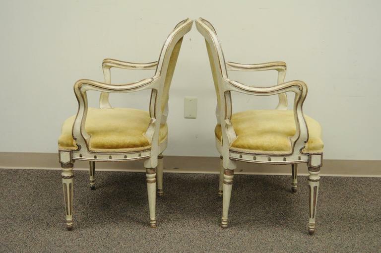 Pair of 19th C Hand-Carved Italian Venetian Distress Painted Fauteuil Arm Chairs