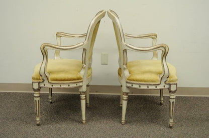 Pair of 19th C Hand-Carved Italian Venetian Distress Painted Fauteuil Arm Chairs