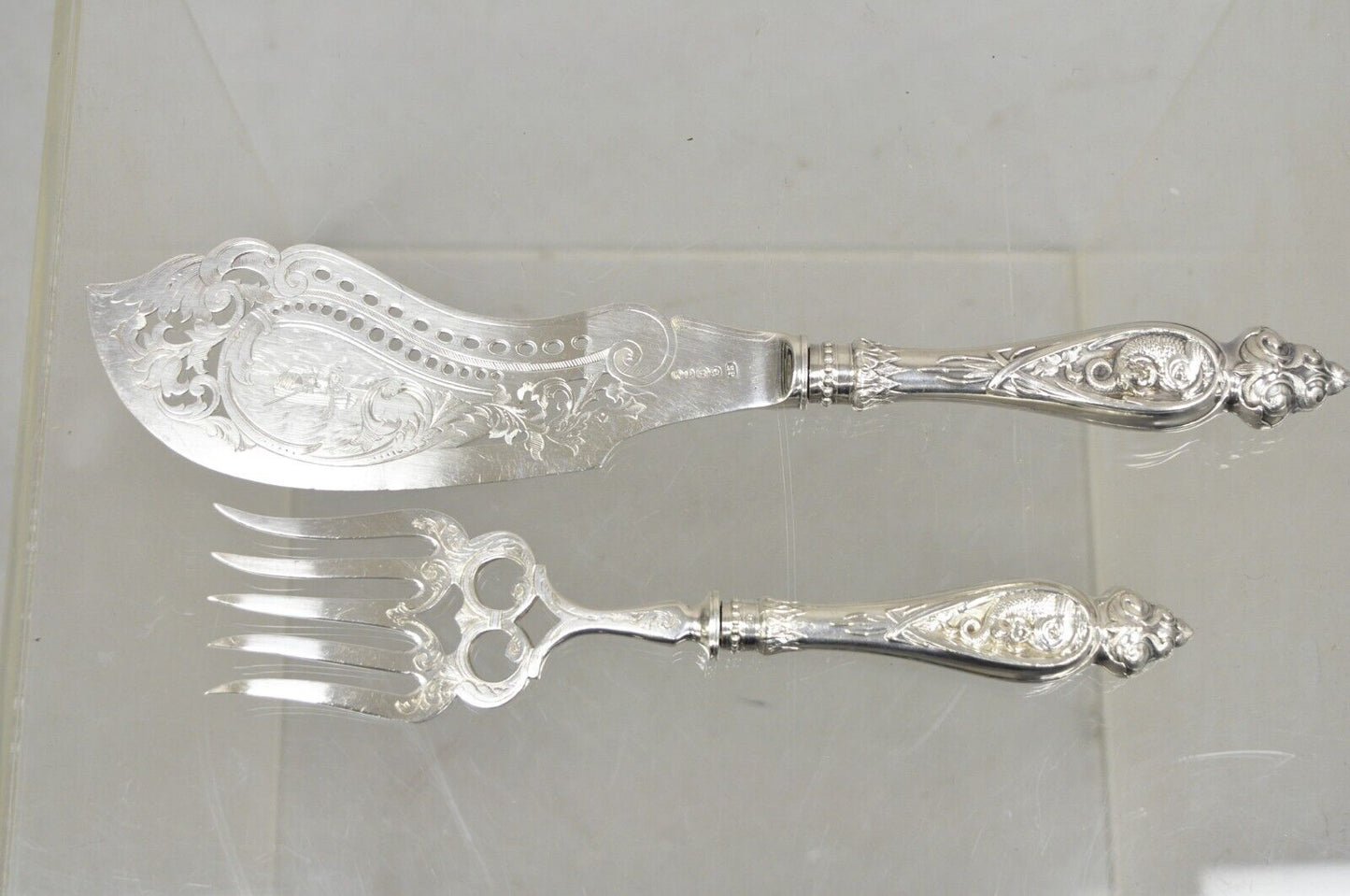 Antique English Victorian Silver Plated Figural Fish Service Fork Knife Set