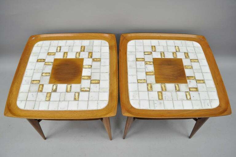 Pair of Mid Century Danish Modern Walnut & Tile Dish Top Sculptural End Tables