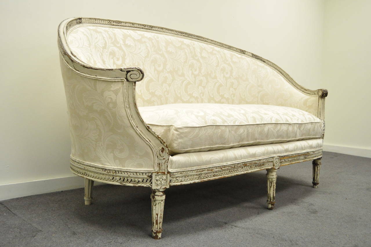 Antique French Louis XVI Style Distress-Painted Ovoid Carved Canapé Sofa