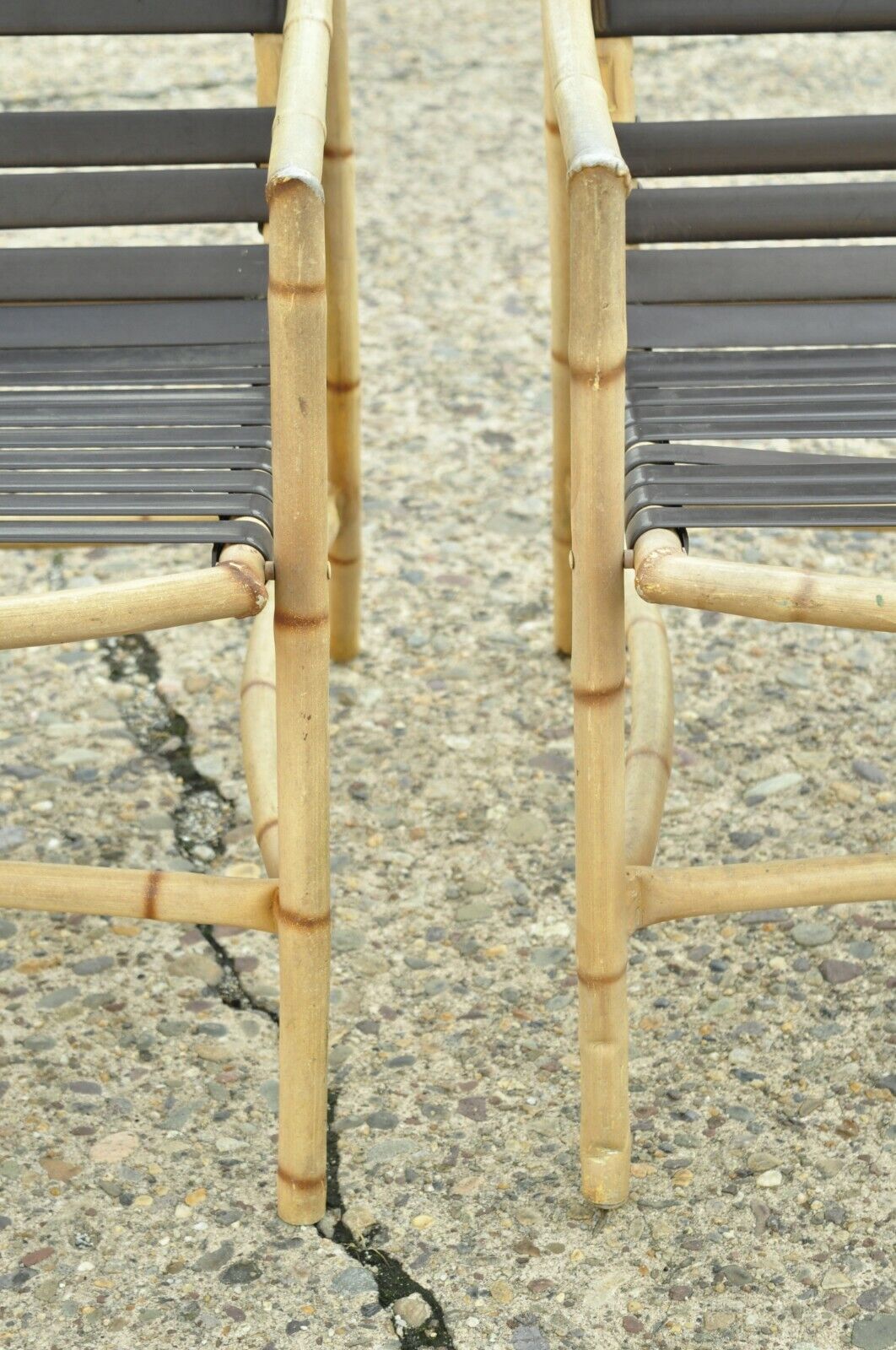 Faux Bamboo Chinese Chippendale Aluminum Vinyl Strap Patio Arm Chairs - a Pair