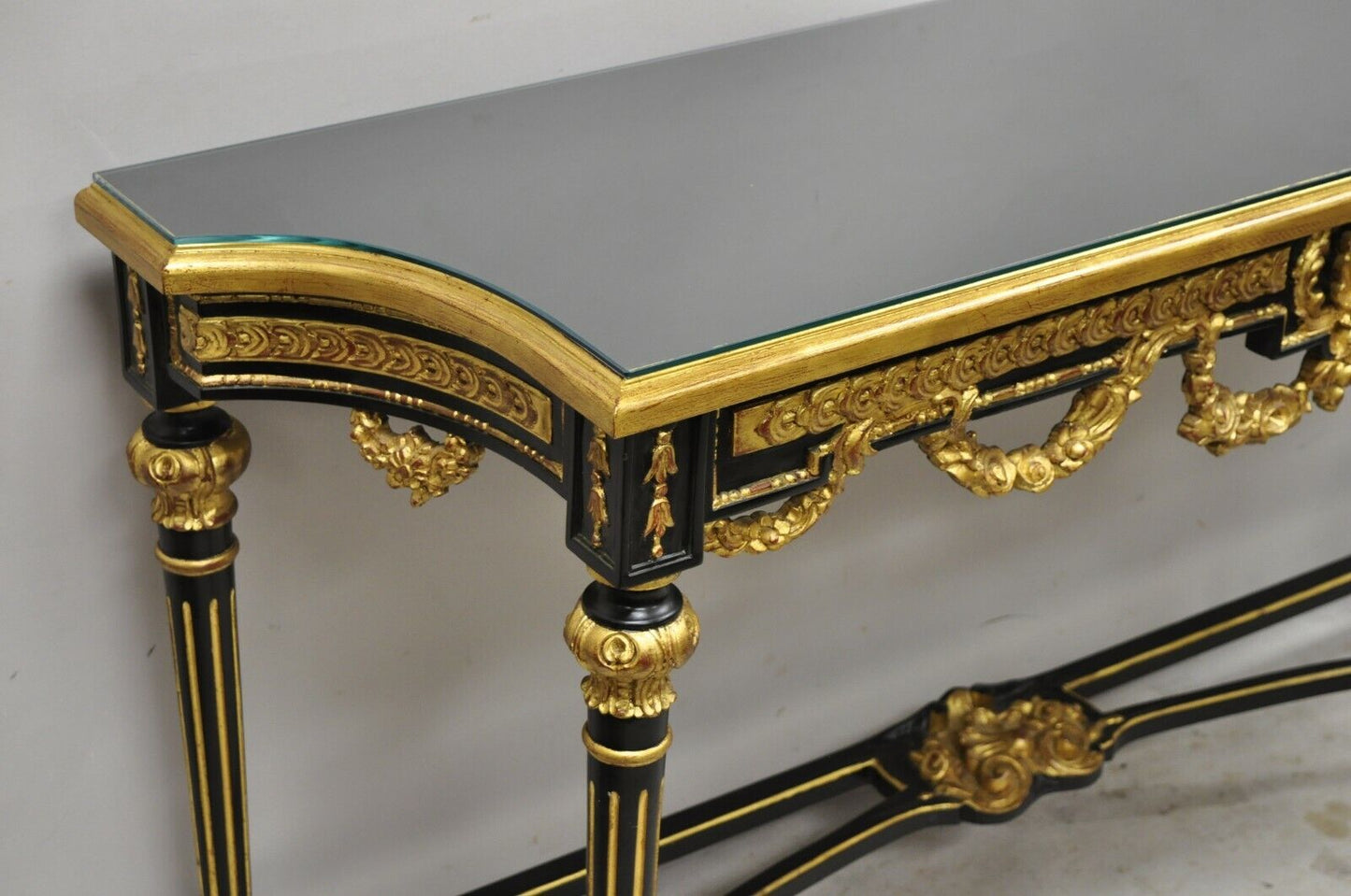 Labarge French Louis XVI Italian Black Lacquer Gold Gilt Jansen Console Table