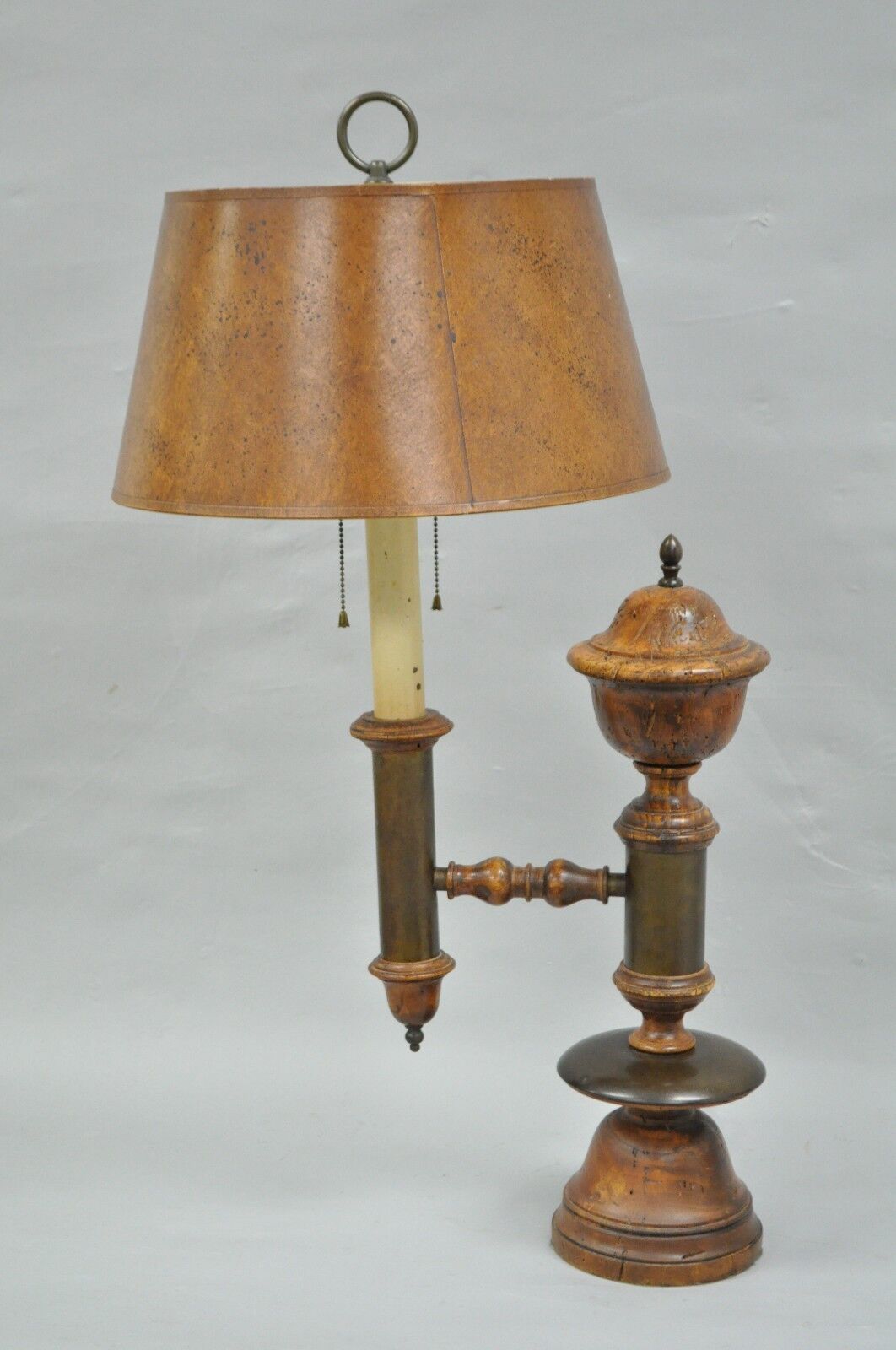 Vintage Distressed Wood & Brass French Country Rustic Table Desk Bouillotte Lamp