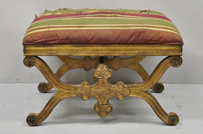 Vintage Spanish Regency Carved Wood X-Frame Gold Upholstered Stool Bench